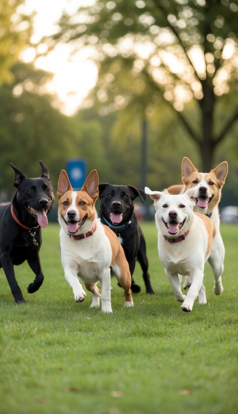 A group of dogs with names beginning with L playing in a grassy park