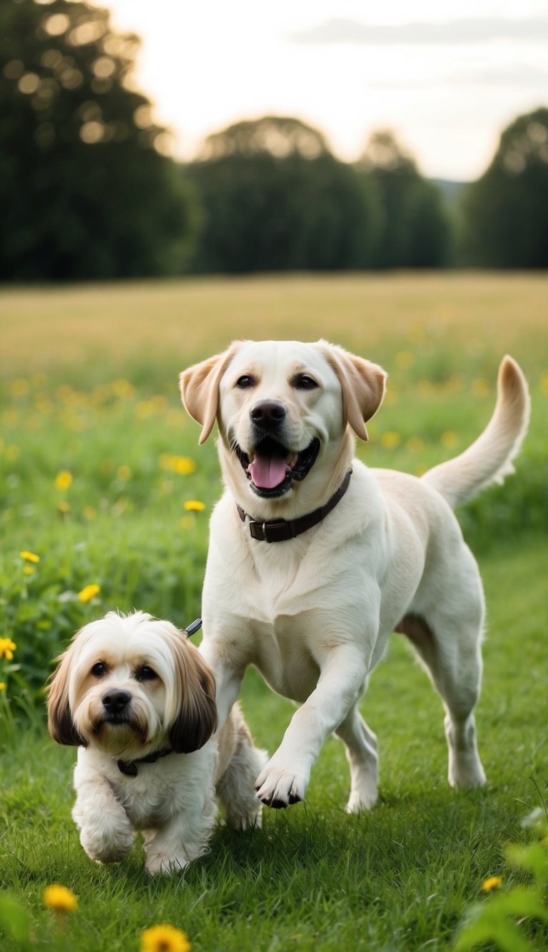 A joyful Labrador runs through a lush field, ears flapping, with a friendly Lhasa Apso by its side