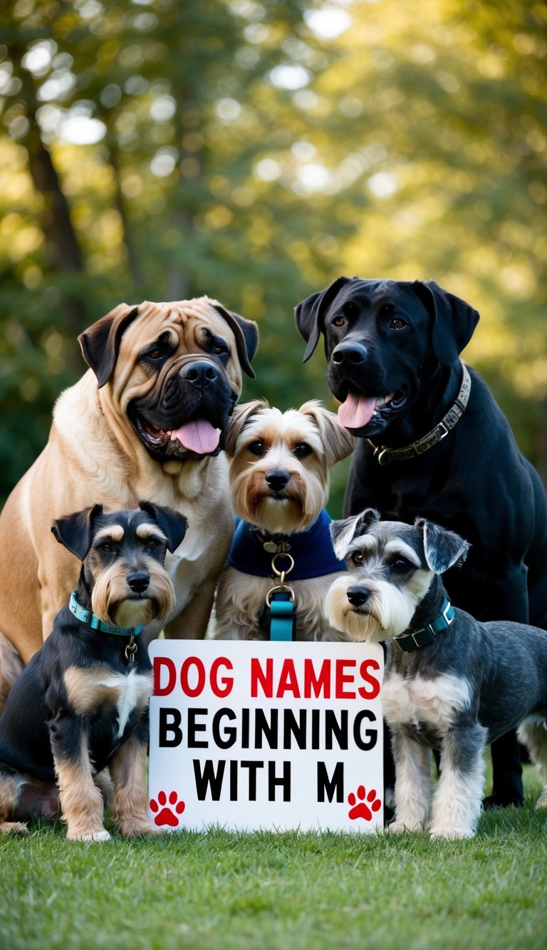 A group of dogs, including a Mastiff, a Maltese, and a Miniature Schnauzer, gather around a sign with "Dog Names Beginning with M" written on it
