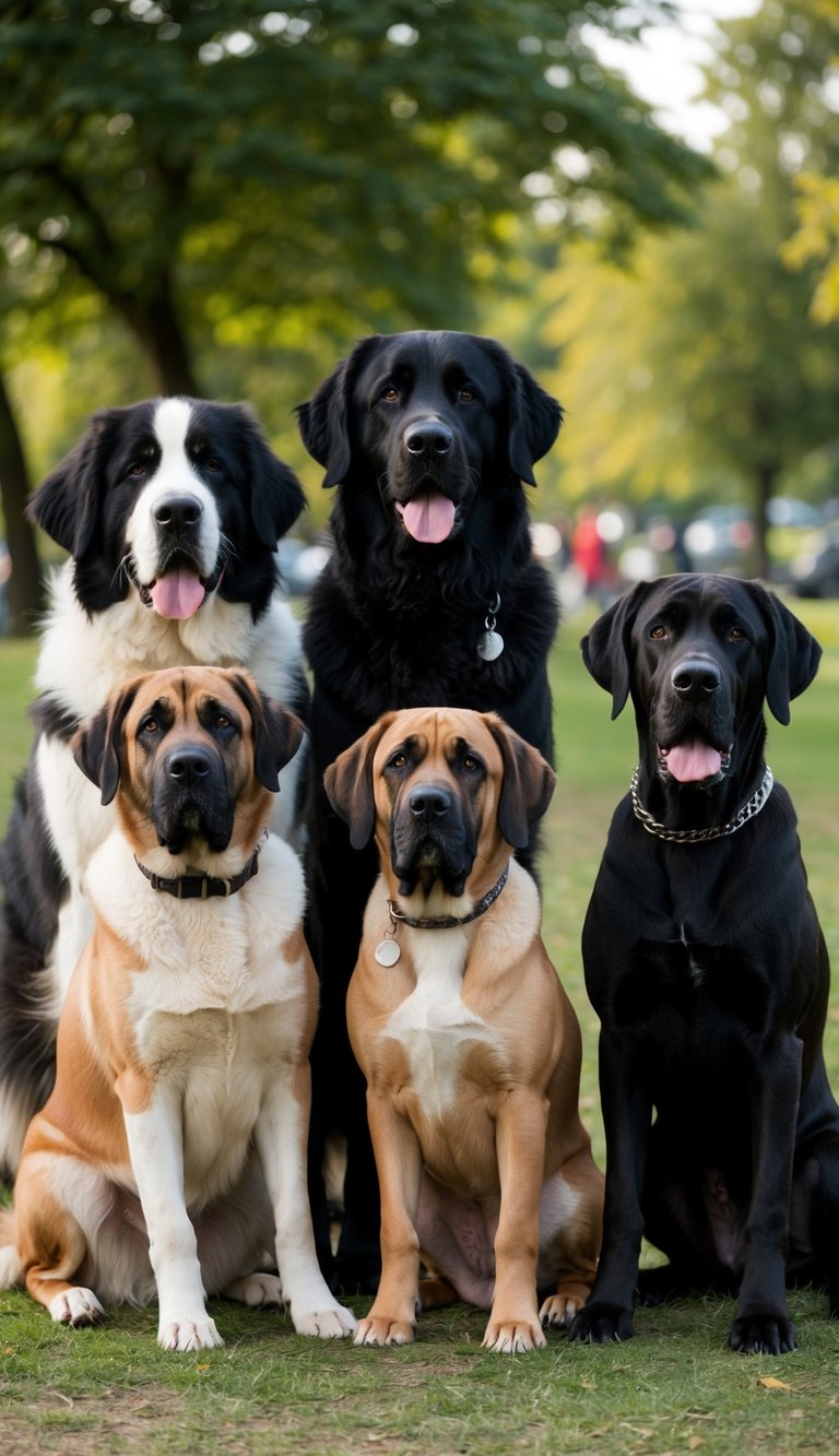 A group of dogs, including a Newfoundland, a Norwegian Elkhound, and a Neapolitan Mastiff, gathered in a park