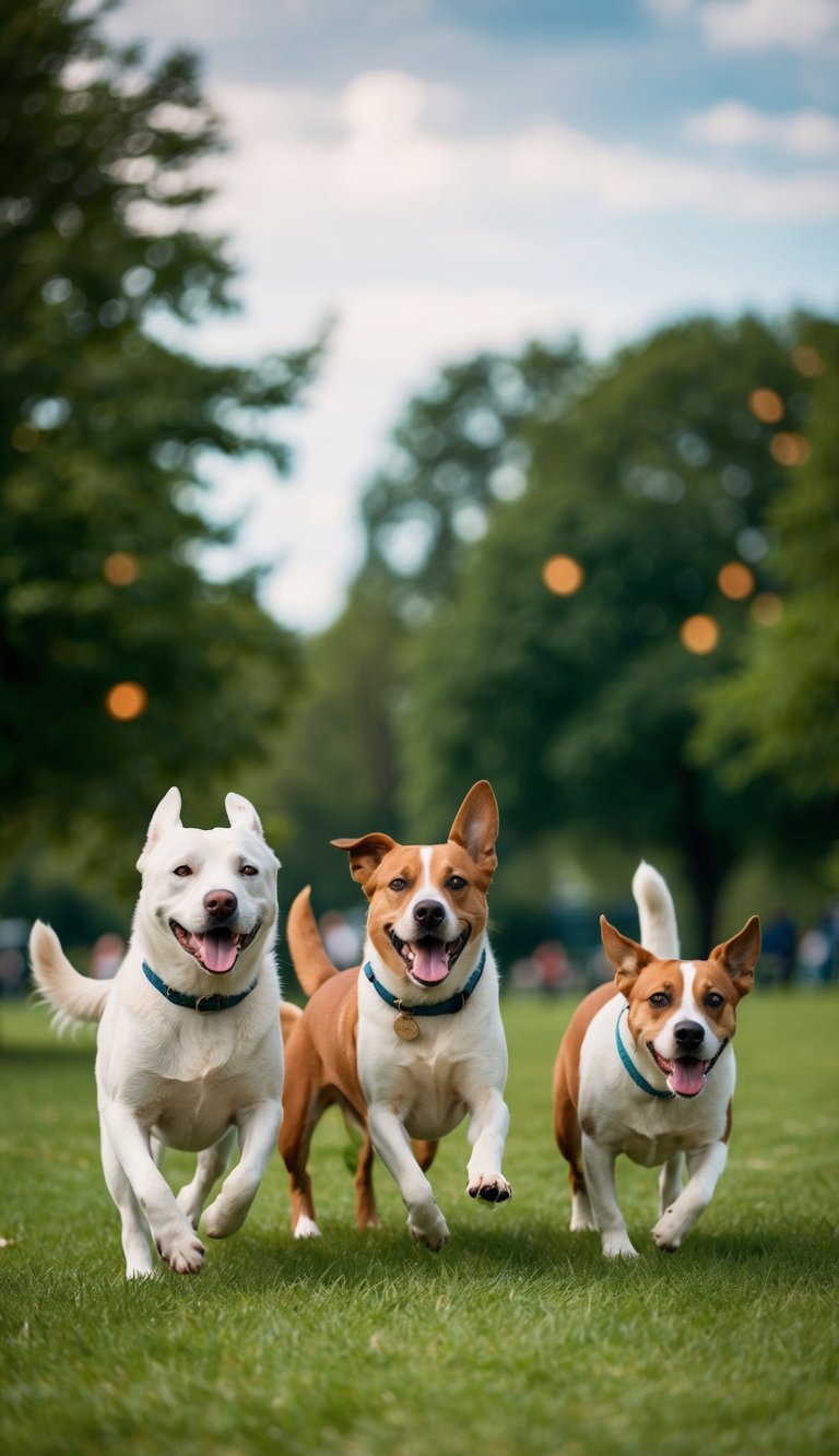 A group of dogs with names starting with N playing in a park