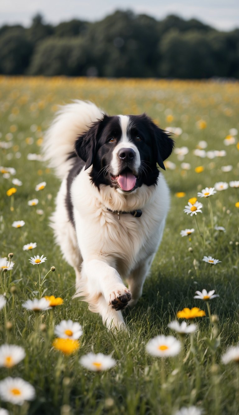 A noble Newfoundland dog named Neville playing in a field of daisies