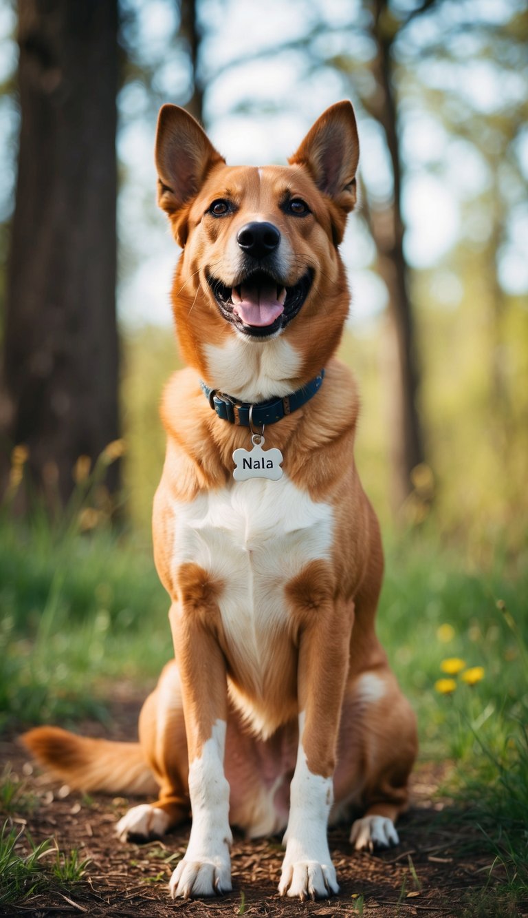 A joyful, noble-looking female dog named Nala, standing proudly with a shiny nametag around her neck, surrounded by nature