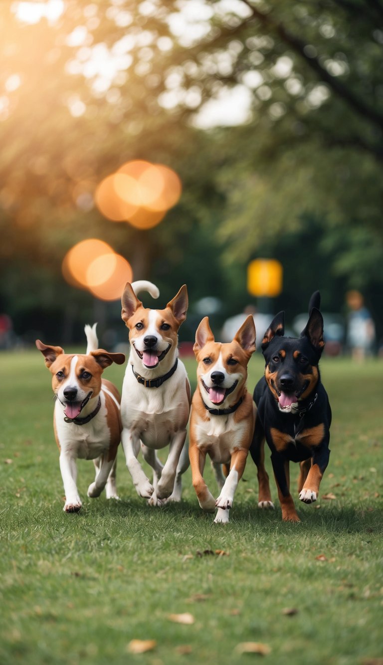 A group of dogs with names starting with N playing in a park