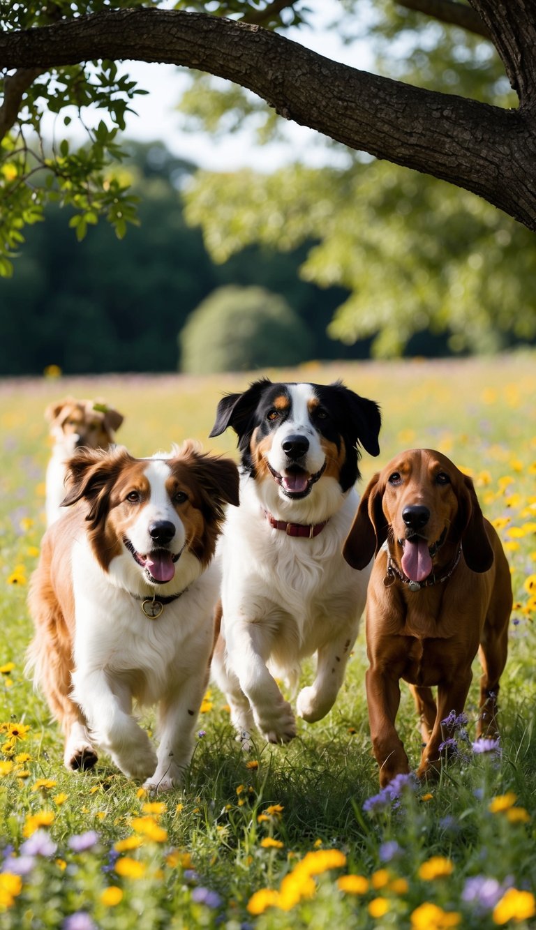 A group of dogs, including an Old English Sheepdog and an Otterhound, play in a field of wildflowers under an oak tree