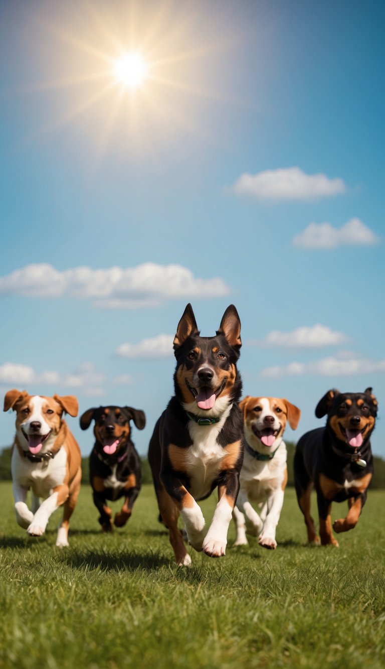 A group of playful dogs with names starting with "O" running in a grassy field under a bright, sunny sky
