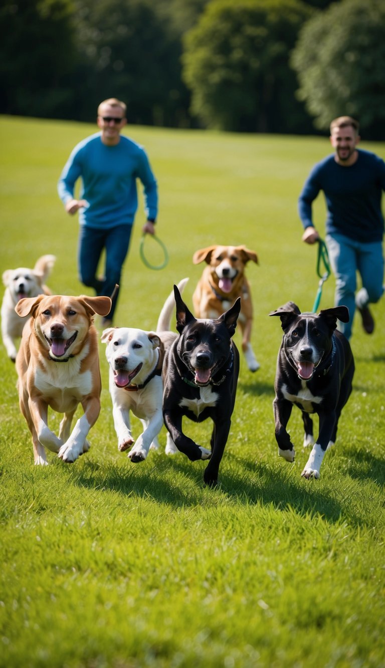 A pack of energetic dogs play in a grassy field, their owners calling out names like Oscar, Oliver, and Odin