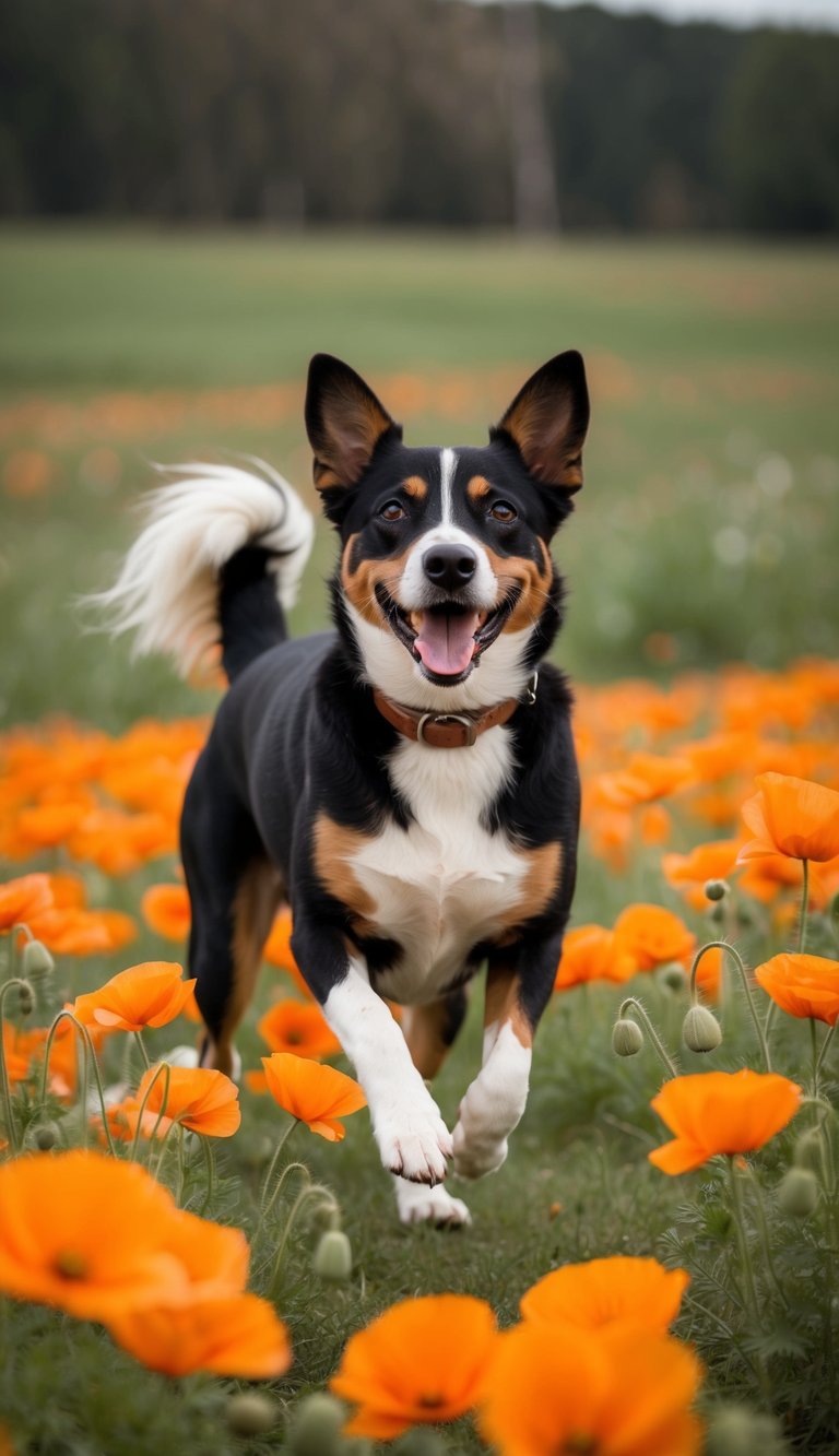 A joyful female dog named Olivia prances in a field of orange poppies