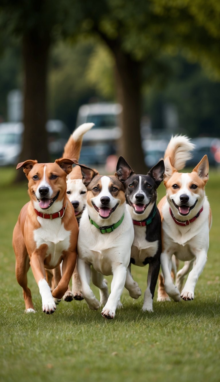 A group of dogs of various breeds, all with names beginning with the letter "O", playing together in a park