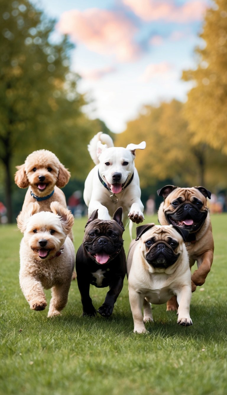 A pack of playful pups prancing in a park, with a poodle, a pitbull, and a pug among them