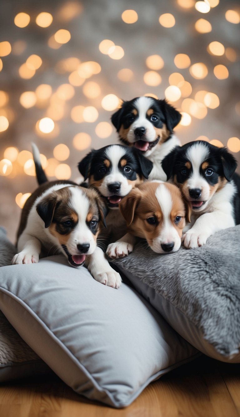 A pack of playful puppies pouncing on plush pillows