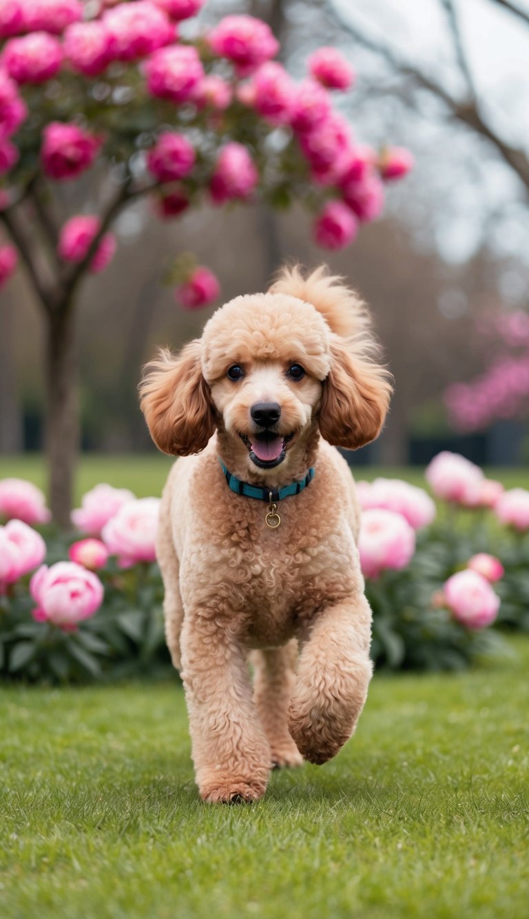 A playful poodle named Penny prances in a park filled with pink peonies