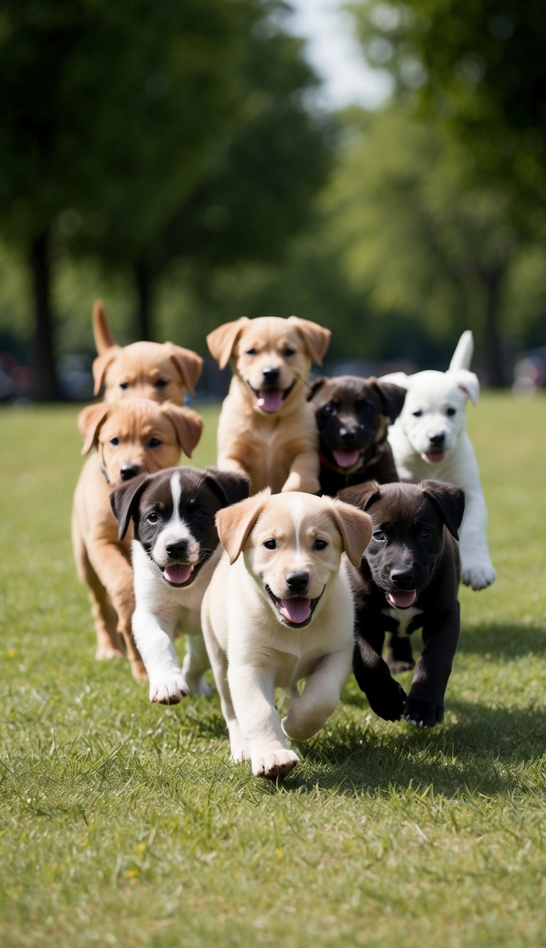 A pack of playful puppies with names like Pepper, Peanut, and Parker romping in a park