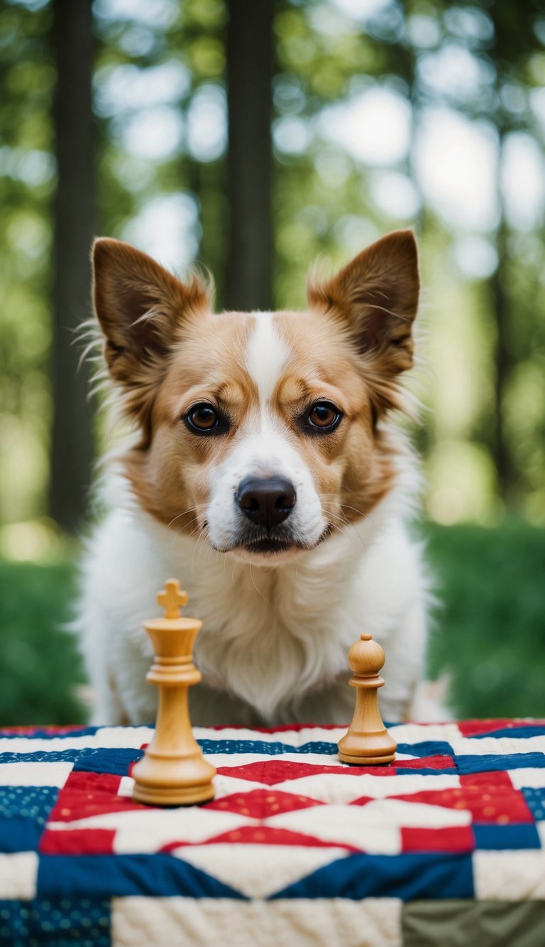 A quirky dog quizzically looks at a queen chess piece on a quilt