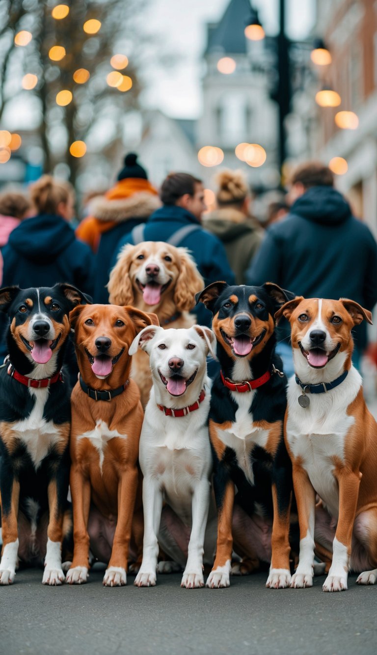 A pack of quirky dogs playfully posing in a queue