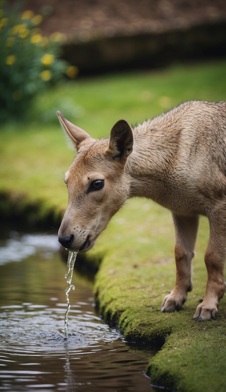 A quirky, quick-witted quadruped quietly quenches his thirst by a quaint, quivering stream