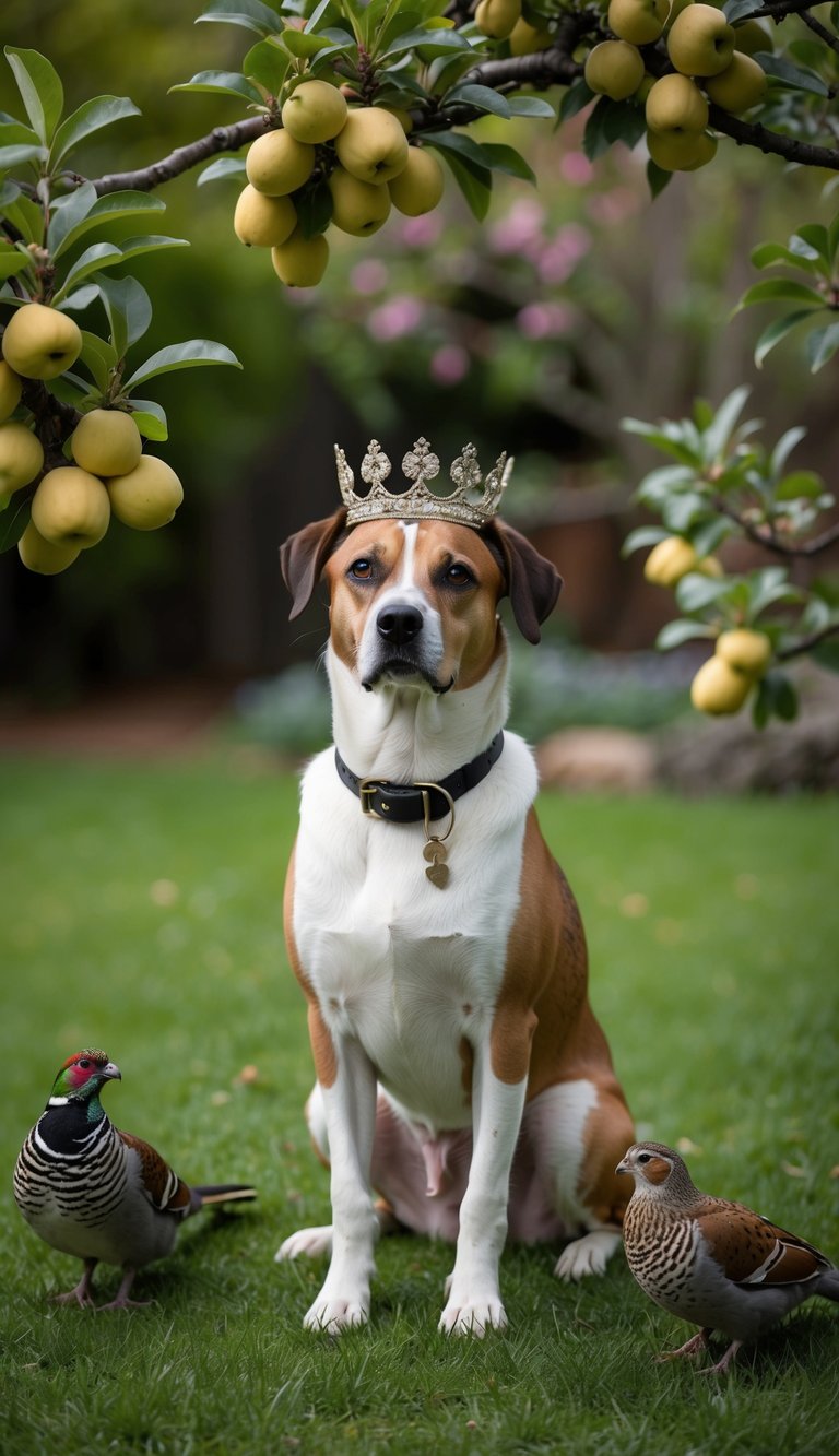 A quirky, queenly dog sits in a quaint garden, surrounded by quince blossoms and quail