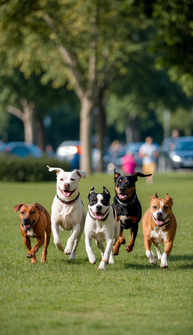 A group of dogs with names starting with Q playing in a park