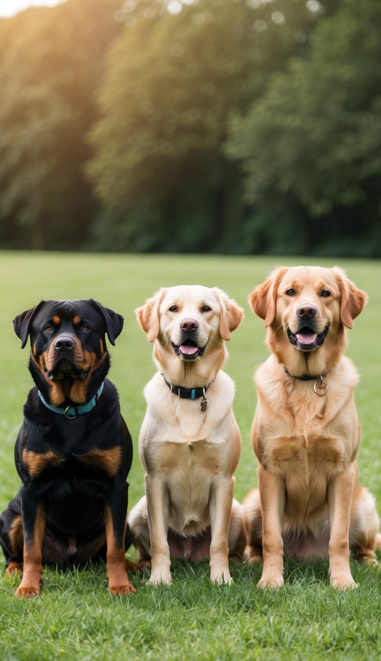 A row of dogs, including a Rottweiler, a Retriever, and a Rottweiler, sit in a grassy field