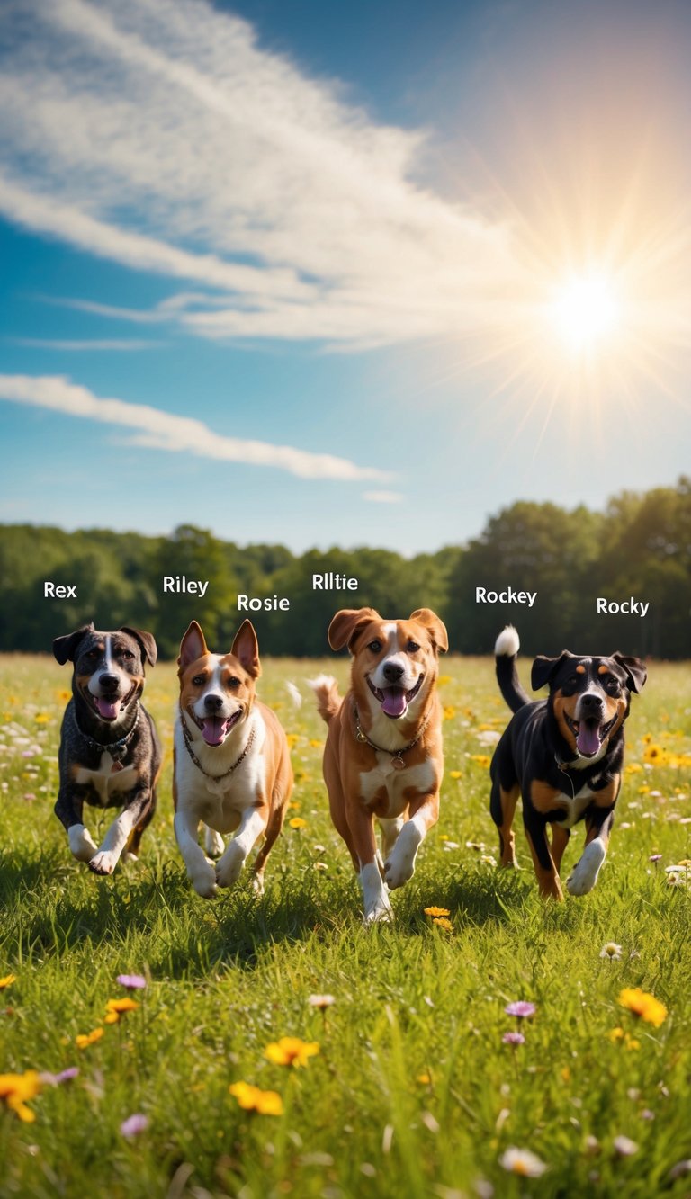 A pack of rowdy dogs romping in a radiant meadow, responding to their names: Rex, Riley, Rosie, and Rocky