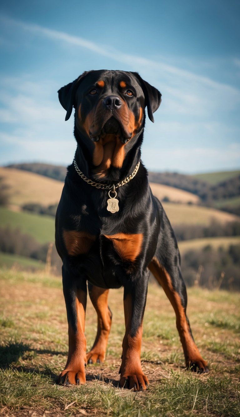 A regal Rottweiler stands proudly in a rustic setting, surrounded by rolling hills and a clear blue sky