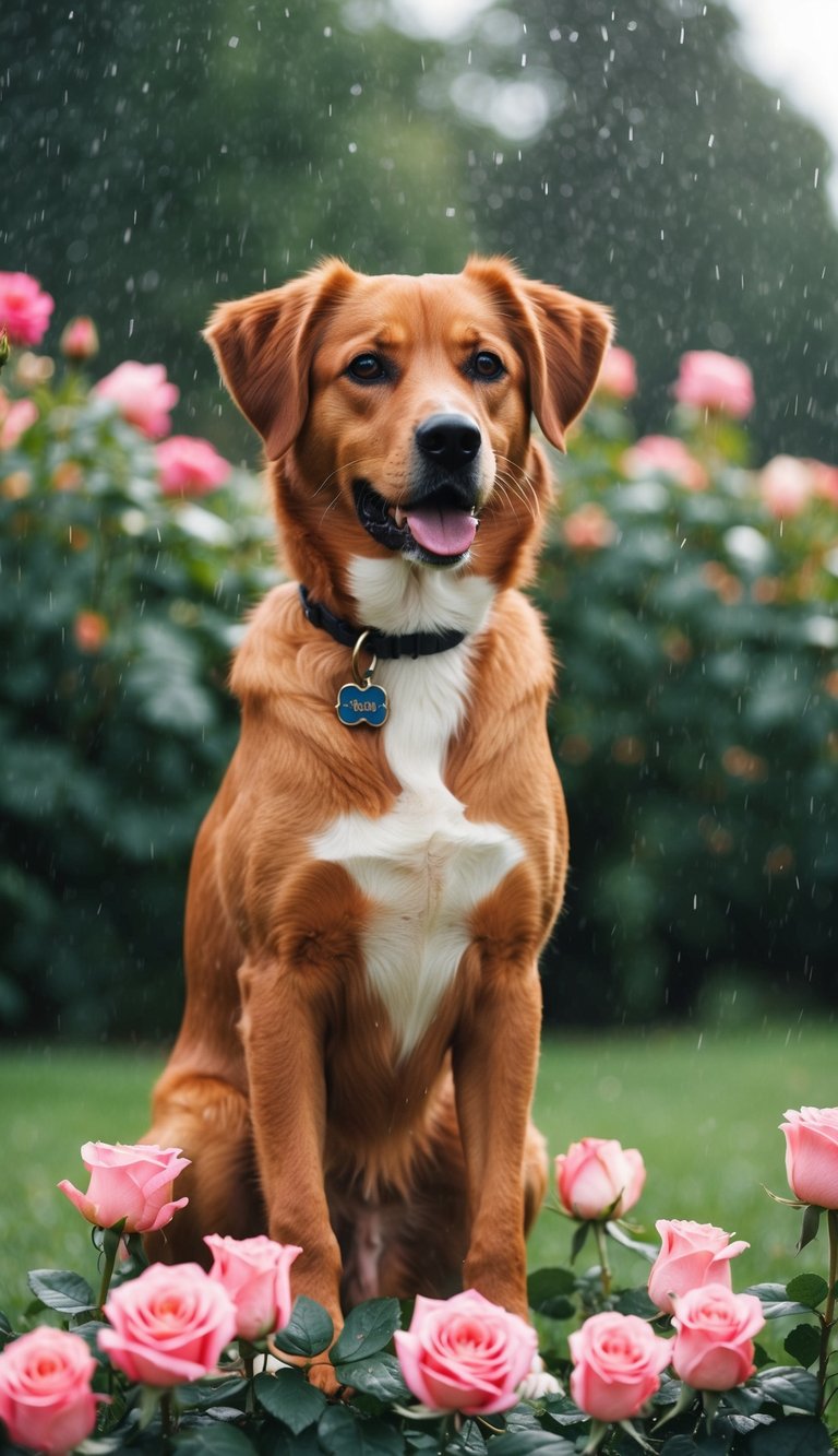 A regal female dog named Ruby stands proudly, surrounded by roses and raindrops
