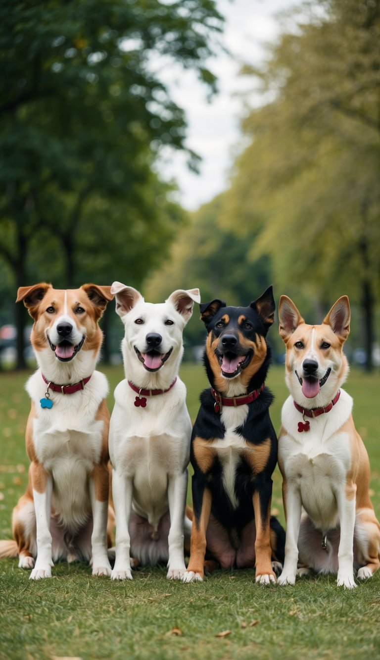 A group of dogs, both male and female, gathered in a park, responding to their names beginning with the letter R