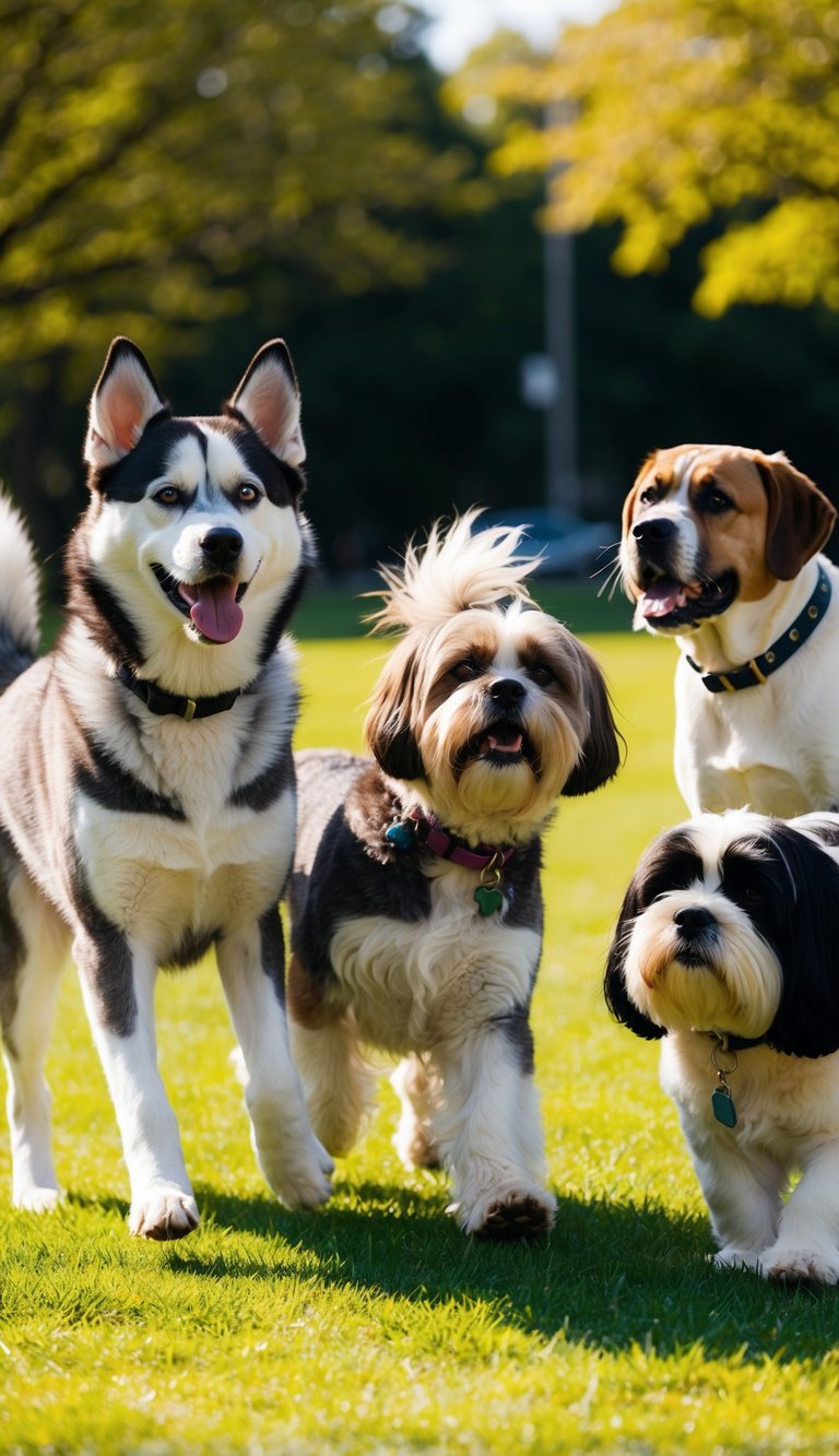 Several dogs, including a Siberian Husky, a Shih Tzu, and a Saint Bernard, playing in a sunny park
