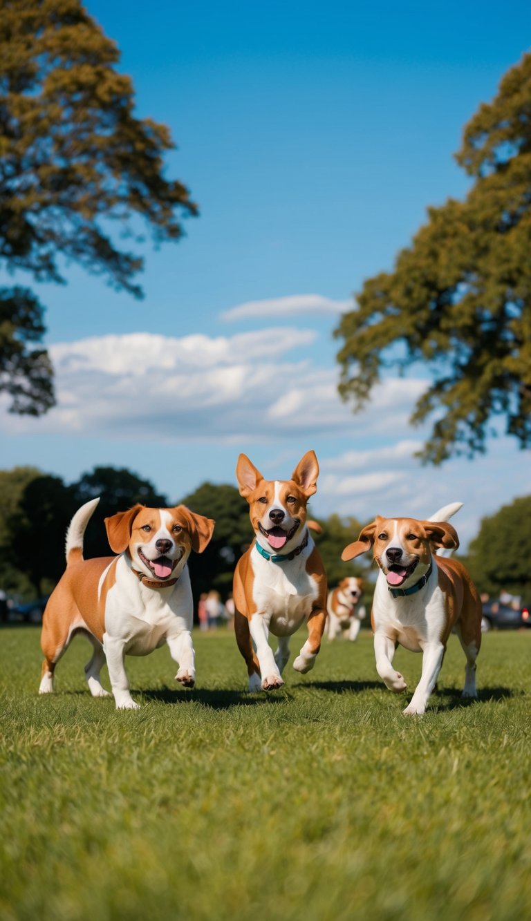 Several dogs with names starting with S play in a park, surrounded by trees and a bright blue sky
