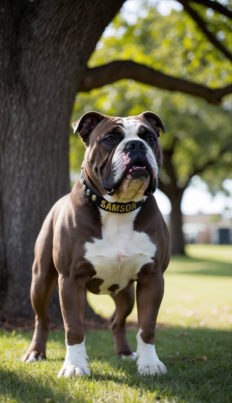 A sleek, strong bulldog stands proudly, tail wagging, under the shade of a large oak tree. His name, Samson, is proudly emblazoned on his collar