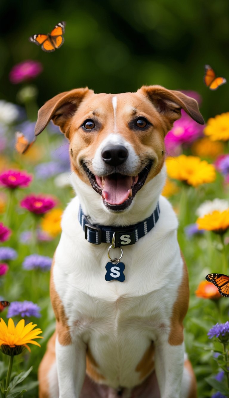 A smiling female dog with a collar labeled "S" surrounded by colorful flowers and butterflies