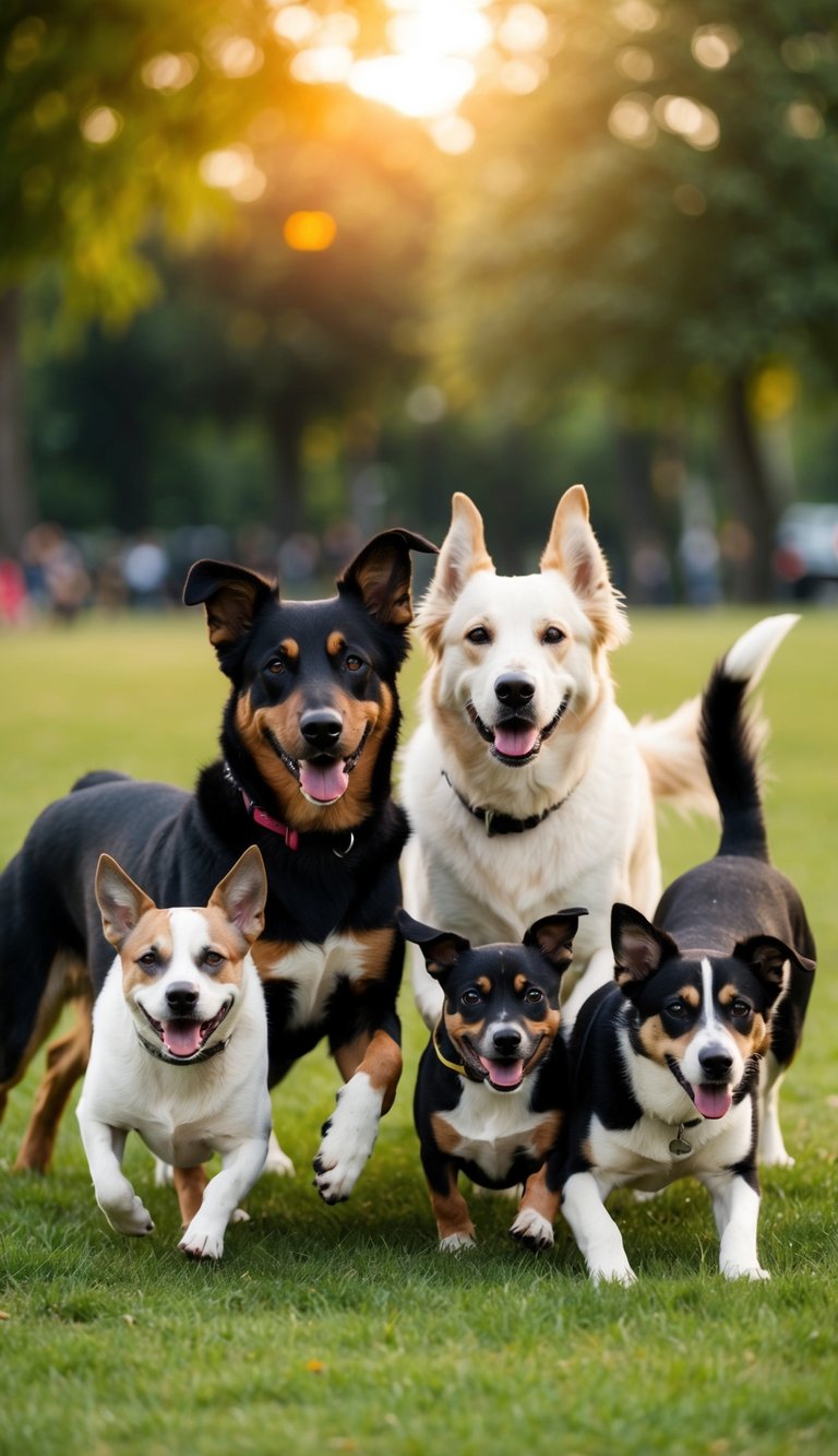 Various dogs of different breeds and sizes, all with names beginning with the letter "S," playing together in a park