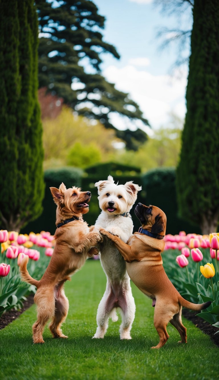 A trio of dogs, a terrier, a toy poodle, and a Tibetan mastiff, playfully tussle in a lush garden, surrounded by tulips and towering trees
