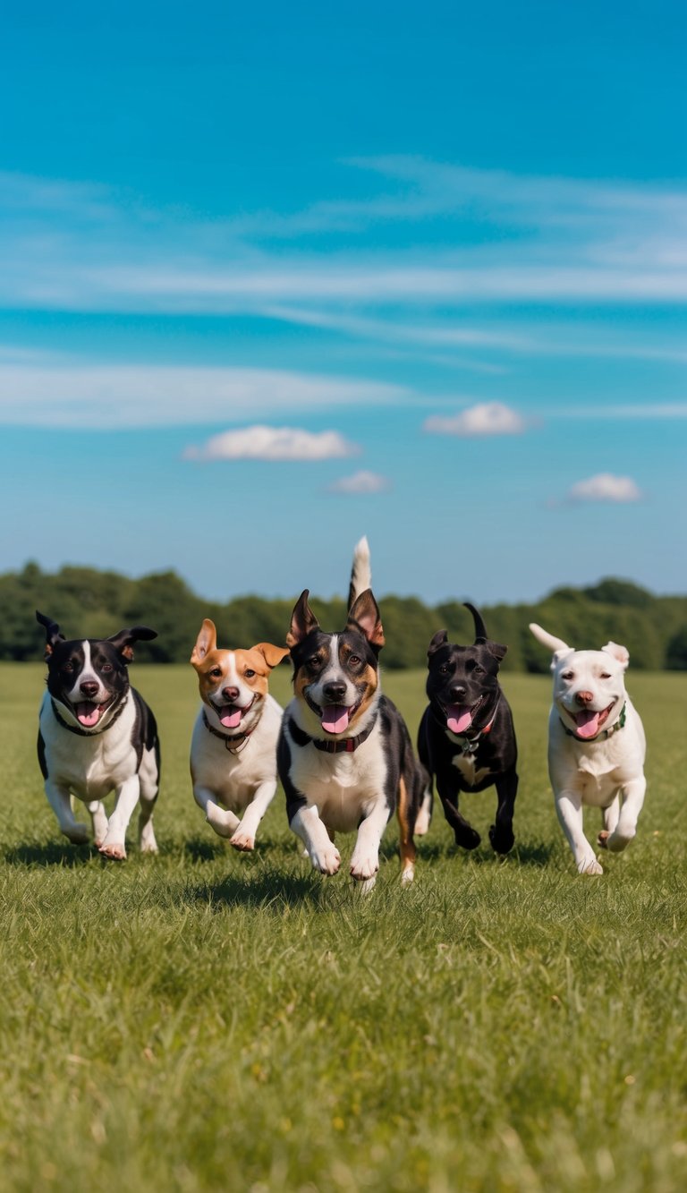 A group of playful dogs with names starting with T frolicking in a grassy field under a bright blue sky