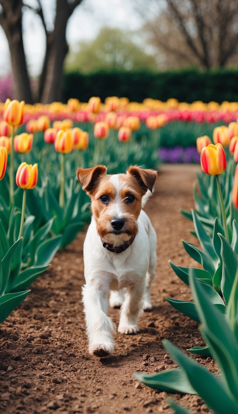 A terrier dog trotting through a tulip garden