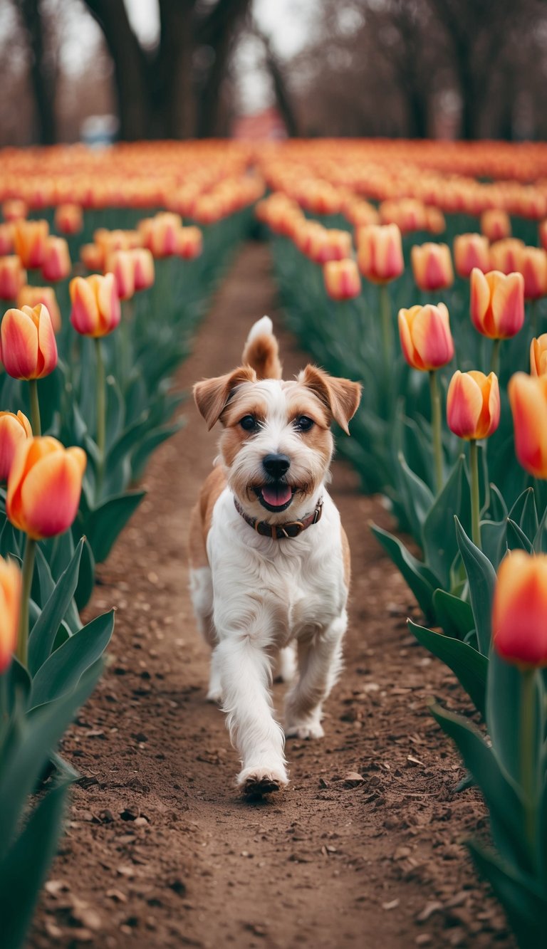 A tail-wagging terrier named Tilly trots through tulips