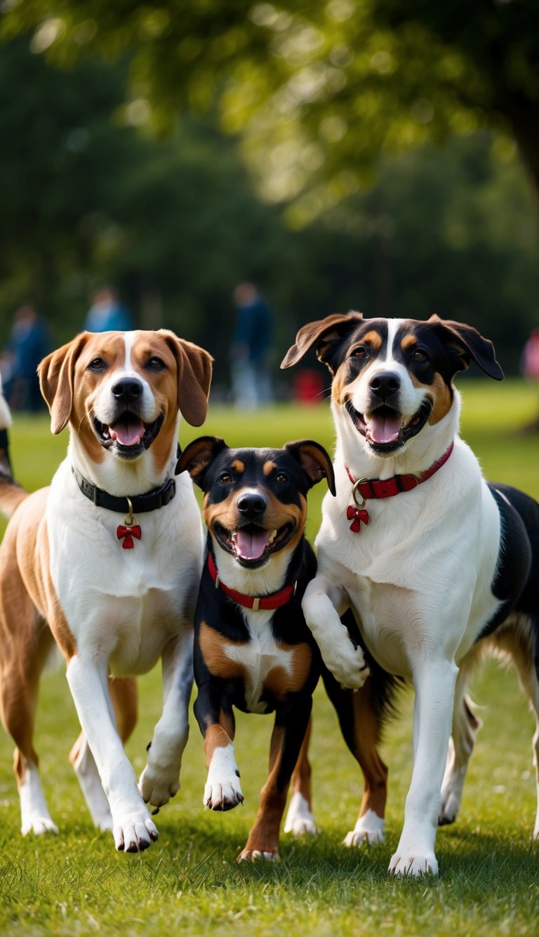 A group of dogs of various breeds, all with names starting with the letter "T", playing together in a park
