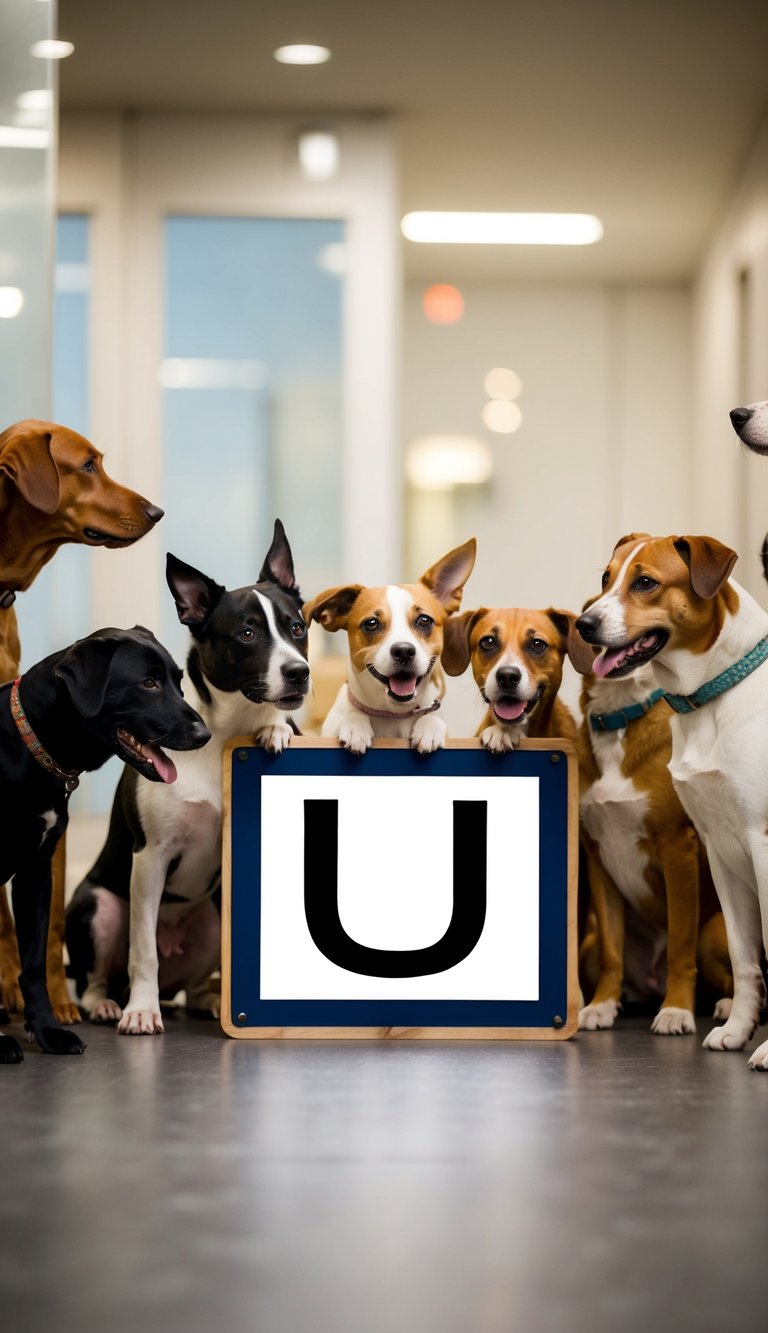 A group of dogs gather around a sign with the letter "U" on it, eagerly awaiting their turn to be named