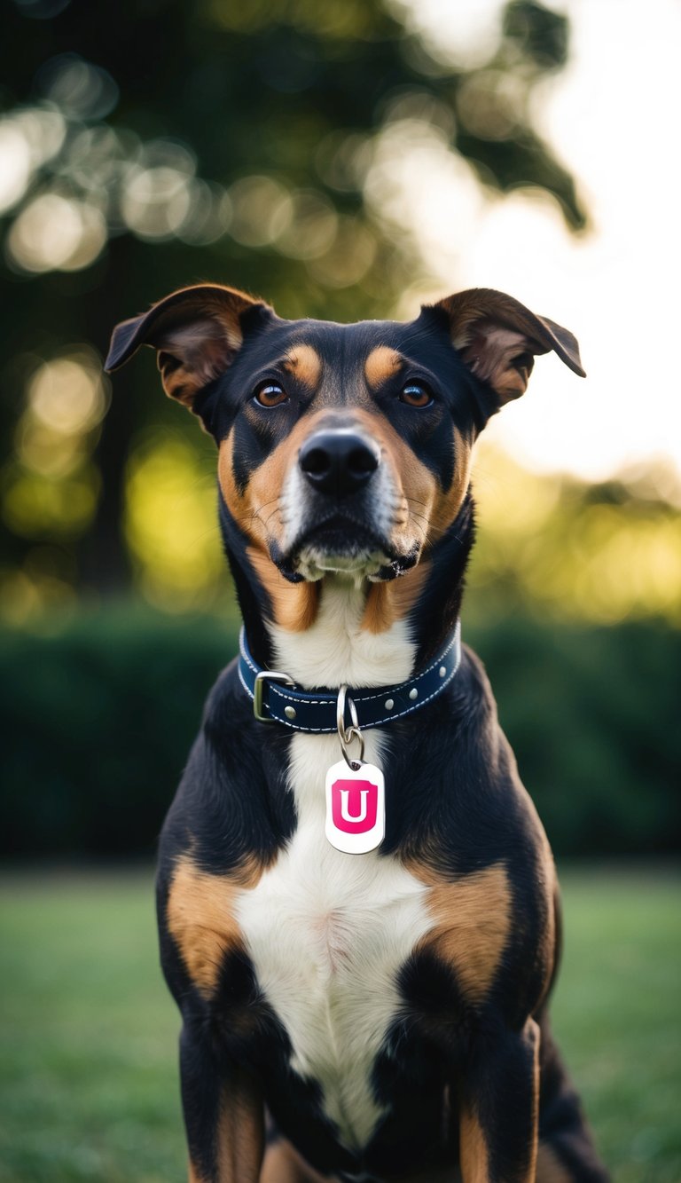 A dog standing proudly with its head held high, a name tag with the letter "U" dangling from its collar