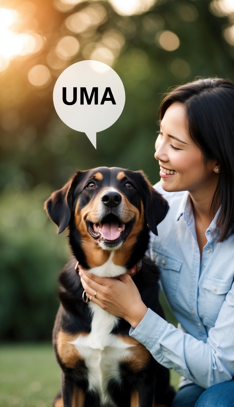 A dog happily responds to the name "Uma" called by her owner