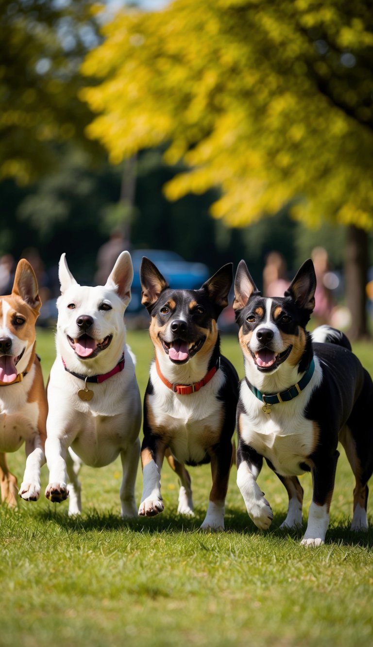 A group of unisex dogs with names starting with U playing in a sunny park