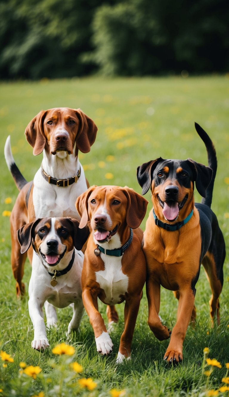 A group of vibrant dogs, including a vivacious Vizsla, a loyal Vizmaraner, and a playful Vizslador, frolic in a verdant meadow