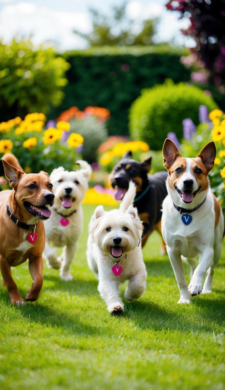 A vibrant garden with various dog breeds playing, each with a name tag beginning with the letter "V"