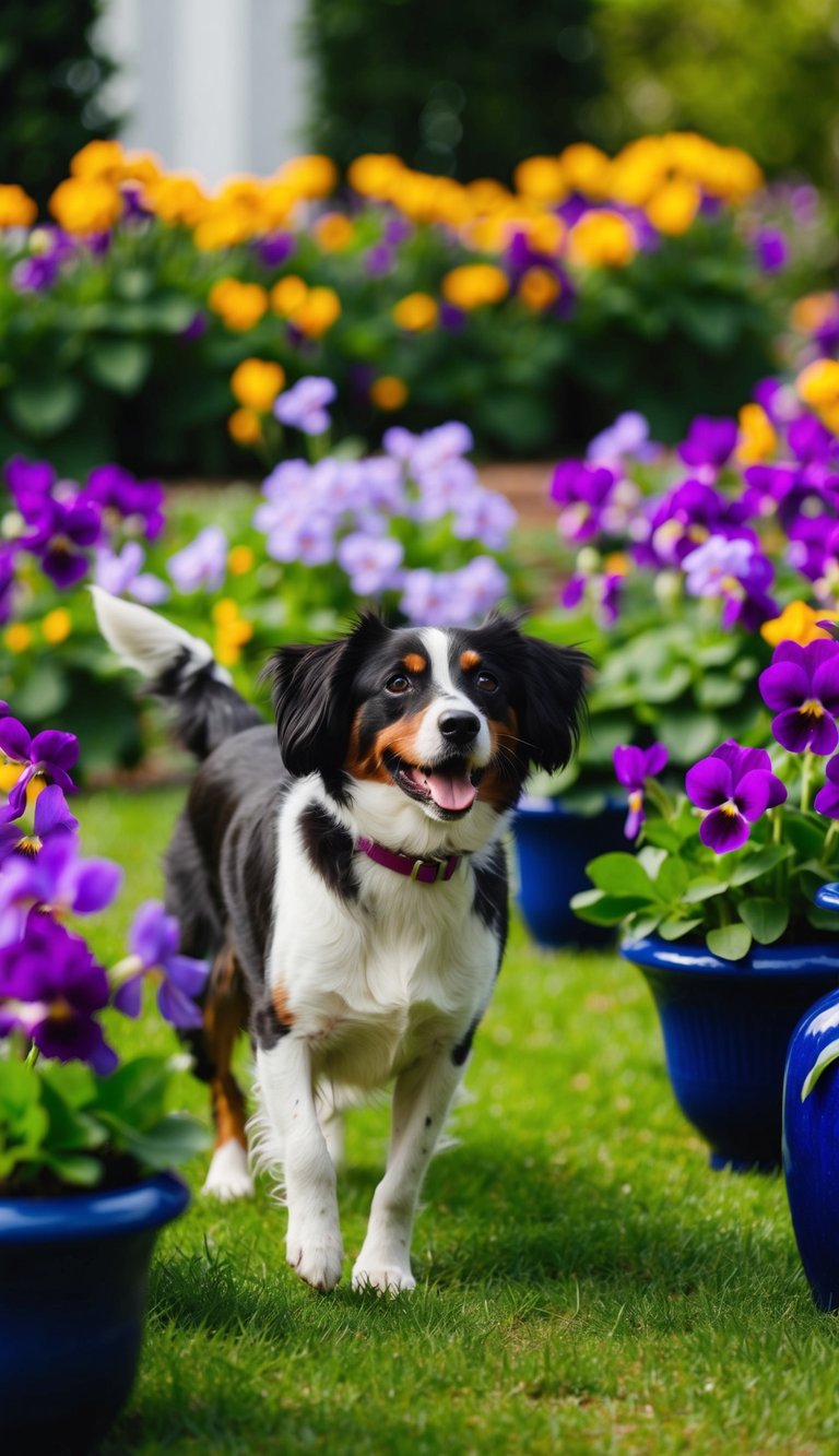 A vibrant garden with violets and vases, a female dog named Violet frolicking among them