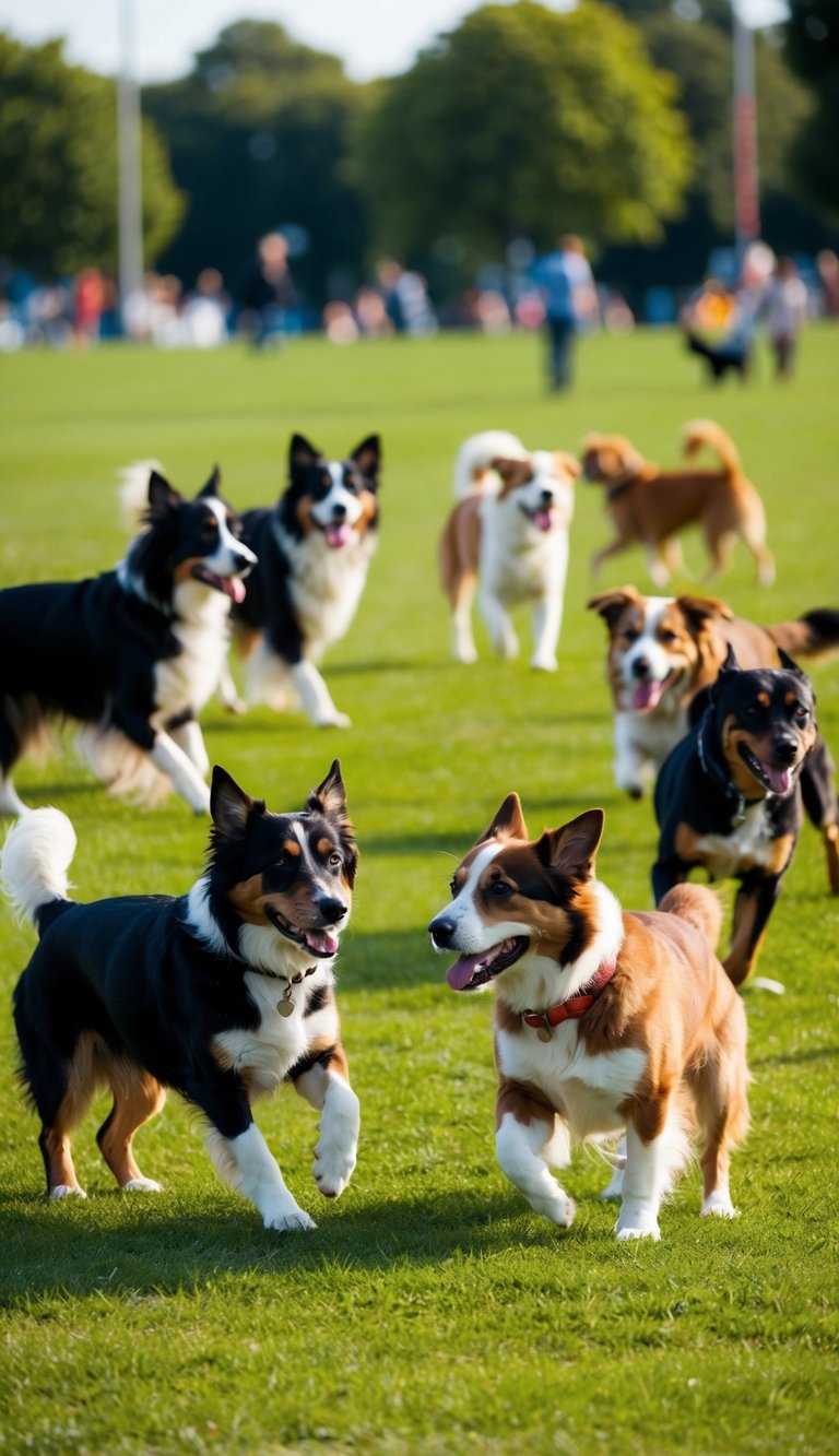 A variety of dogs with names beginning with V playing in a park