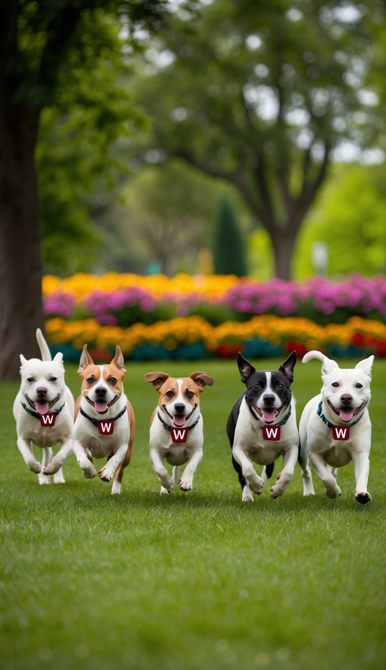 A whimsical scene of a group of dogs, each with a name beginning with the letter "W", playing in a lush green park surrounded by colorful flowers and trees