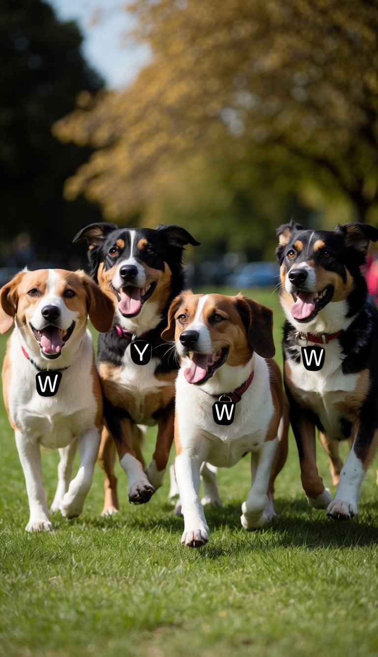 A group of wagging dogs with names starting with W playing in a park