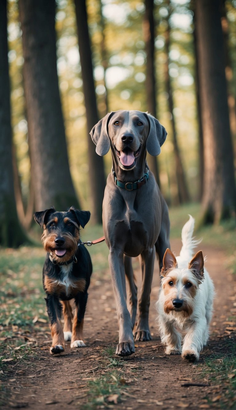 A wagging Weimaraner named Winston walks with a wily Welsh terrier through a wooded wonderland