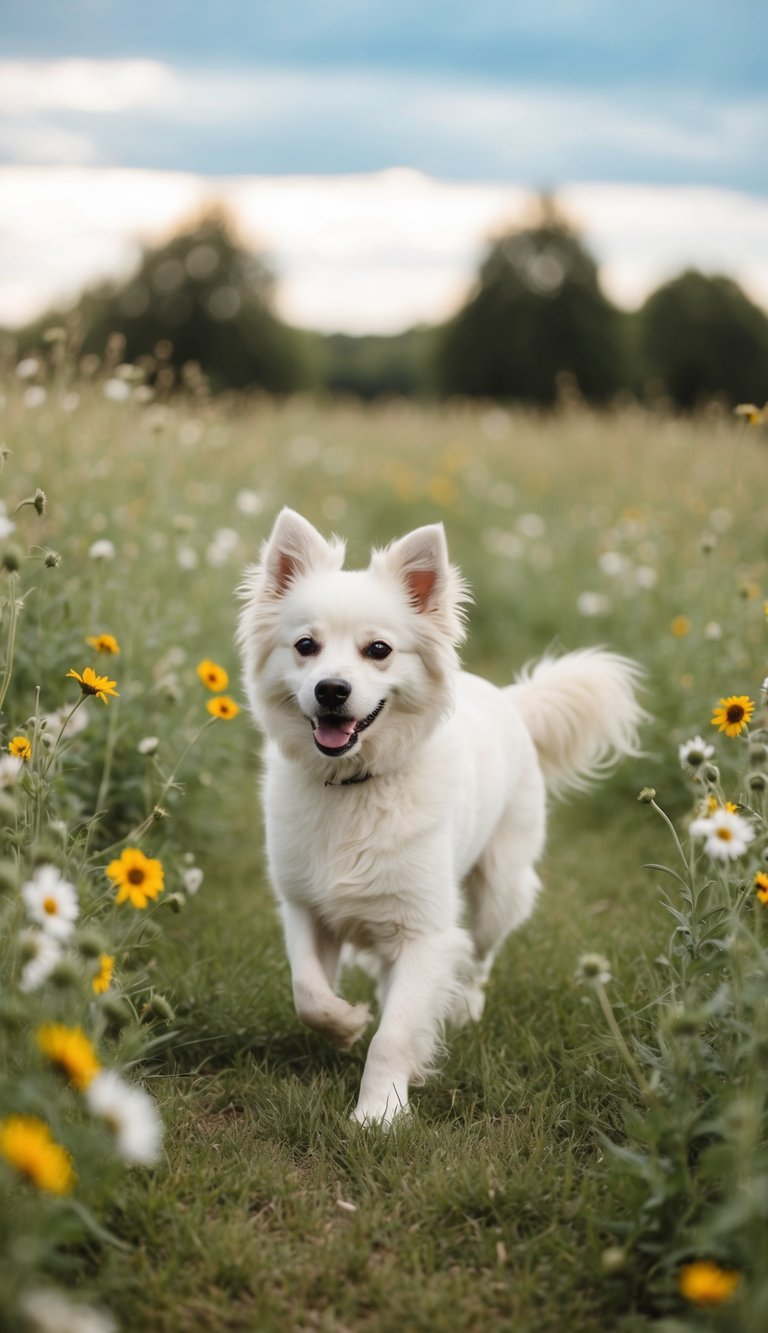 A white fluffy dog named Willow playing in a field of wildflowers