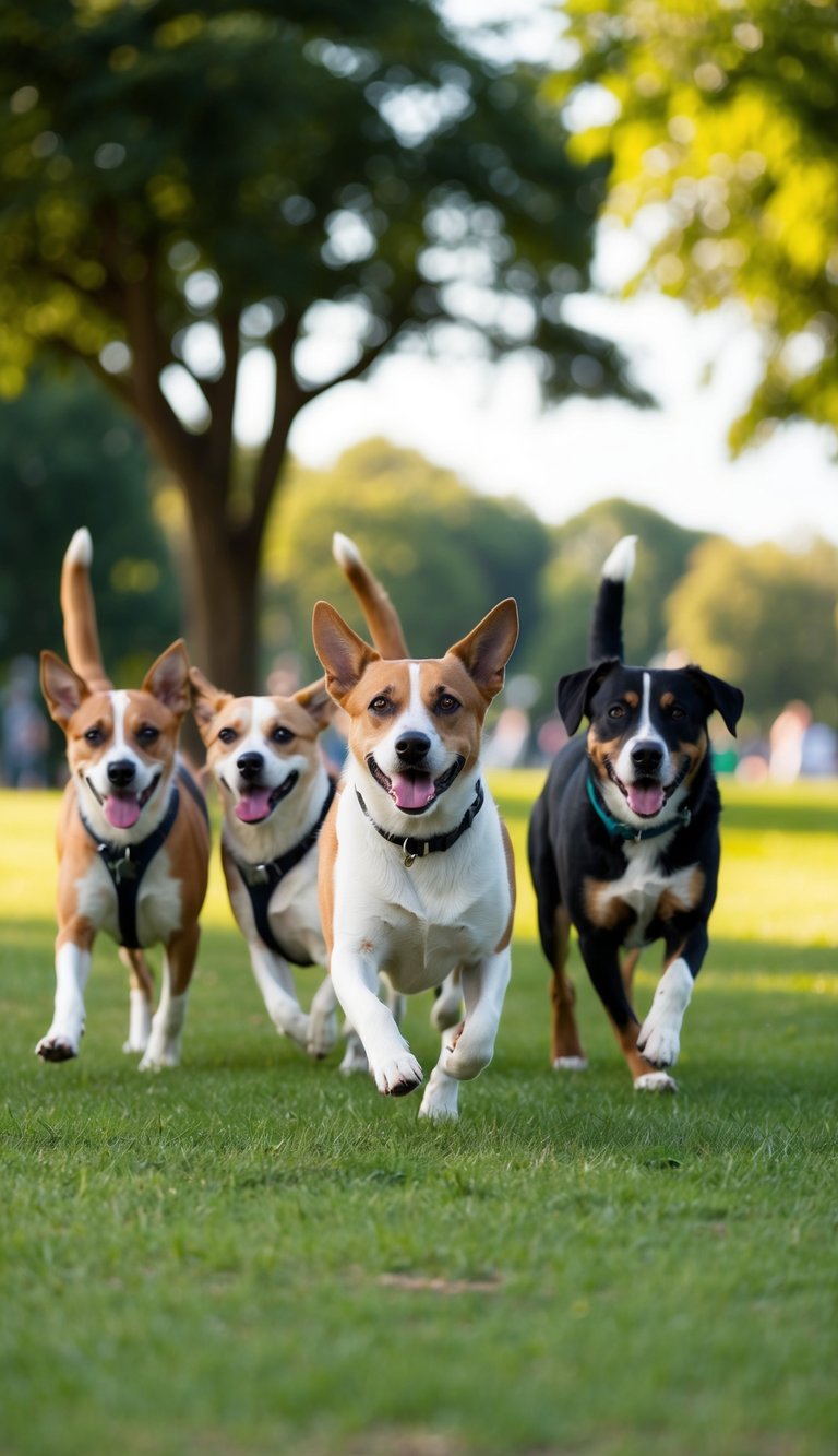 A group of unisex dogs with names beginning with W playing in a park